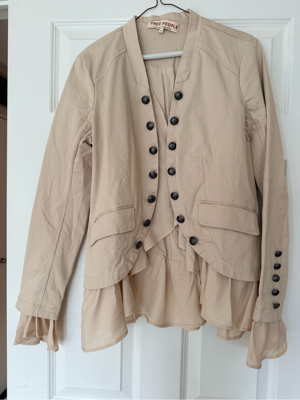 Free People Beige Layered Ruffle Military-Style Blazer